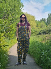 Load image into Gallery viewer, Grey Sunflowers Adult Stretch Twill Dungarees