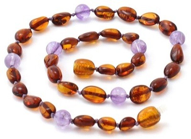 Bean Amber Teething Cognac Necklace With Amethyst