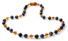 Load image into Gallery viewer, Cognac Amber Gemstone Necklace With Tiger Eye and Lapis Lazuli
