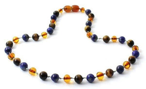 Cognac Amber Gemstone Necklace With Tiger Eye and Lapis Lazuli