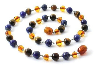 Cognac Amber Gemstone Necklace With Tiger Eye and Lapis Lazuli