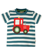 Load image into Gallery viewer, Little Wheels Applique Top - Steely Blue Stripe/Tractor
